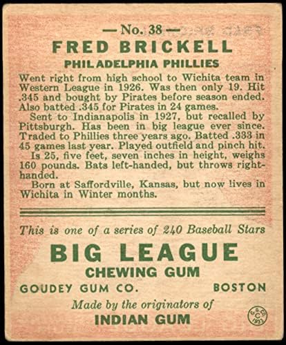 1933 Goudey 38 Fred Brickell Philadelphia Phillies (Baseball Kártya) VG/EX Phillies