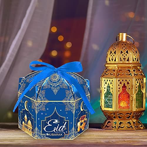Estivaux 12 Pack Eid Mubarak Dobozok, Ramadan Candy Doboz Eid Ajándék Táskák Eid Mubarak Komámasszony Doboz Kék Ramadan Kezelésére, Tárolására