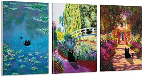 WEERSHUN Claude Monet Kertje Olaj Festmények, Vászon Fekete Macska Poszter Virágok Vicces Állat Poszter, Vászon, 90-es évek Wall Art Szoba