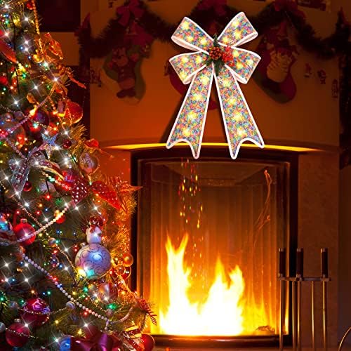 Karácsonyi Íj LED karácsonyfa Topper Íj, Időzítő Funkció PVC Kivilágított Íj Nagy Karácsonyi Koszorú Íj Flitterekkel, fenyőtoboz Beltéri