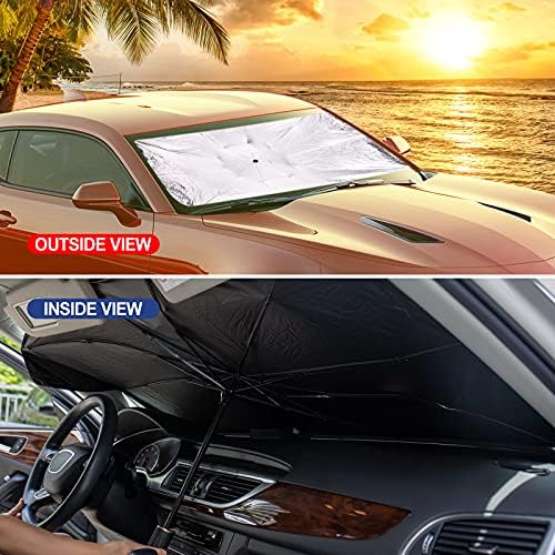 Autó Nap Árnyékban Szélvédő, 2 Csomag Brella Pajzs Autó Napernyő Icnice Hő, UV Visszaverő Autó Esernyő Belső Védő Autóipari napvédő Összecsukható