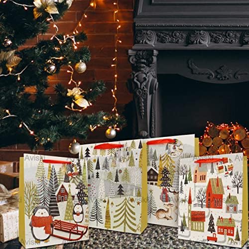 12DB Karácsonyi Ajándék Táskák Kezeli, Csillogó Nyomtatás Újrahasználható Csomagolás Zsák Közepes Méretű Papír Táskák Bevásárló