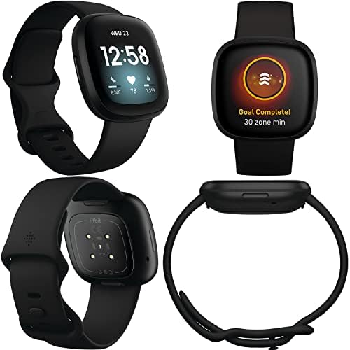 Fitbit Versa 3 Health & Fitness Tracker Smart Óra (Fekete), Beépített GPS, Alexa, 24/7 pulzusszám, S & L Zenekarok, Csomag