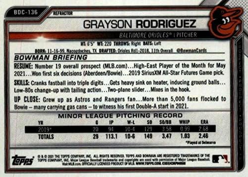 2021 Bowman Chrome-Tervezet Refraktor BDC-136 Grayson Rodriguez RC Kezdő Baltimore Orioles MLB Baseball Trading Card