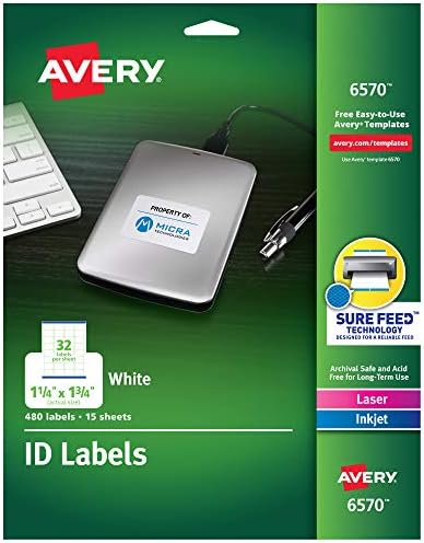 Avery ID Címkék, Biztos, Takarmány Technológia, Tartós Ragasztó, 1.25 x 1,75, 480 Címke (6570)