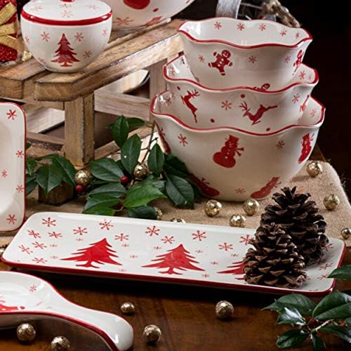 Euro Ceramica Téli Fesztivál Karácsonyi Gyűjtemény, 14, Téglalap Alakú Tálon, Piros/Fehér