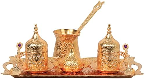 A legjobb Választás, Prémium Arany Színű török Kávét Szolgálnak Set - 7 db - 6 oz Pot 2 Csésze Tálca Cukor Tál 2 Kanál - Vintage Vésett