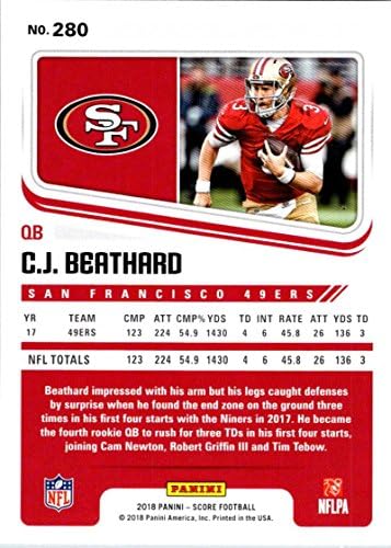 2018 Pontszám 280 C. J. Beathard San Francisco 49ers Foci Kártya