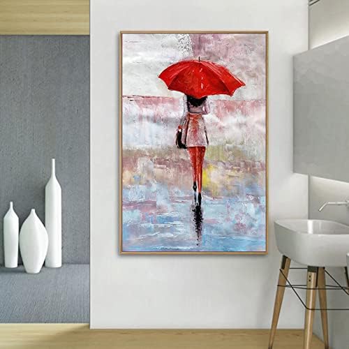 Kézzel Festett Művészeti Texturált Ábra olajfestmény - Nagy Absztrakt a Lányt A Piros Esernyő Modern Függőleges Festés, Vászon Nappali