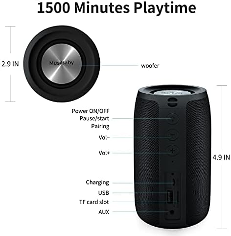 MusiBaby Bluetooth Hangszóró, Hangszóró,Külső, Hordozható,Vízálló,Vezeték nélküli Hangszóró,Kettős Párosítás Bluetooth 5.0,Hangos Sztereó,dübörgő
