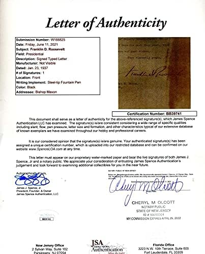 Franklin Roosevelt SZÖVETSÉG Coa Kézzel Aláírt 1937 Fehér Ház Levelet Autogramot