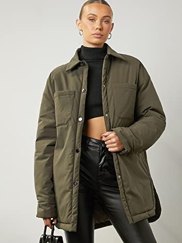 EDWOL Kabátok Női - Csepp Váll Elülső Zseb Osztott Szegély Téli Kabát (Szín : Zöld Hadsereg, Méret : X-Small)
