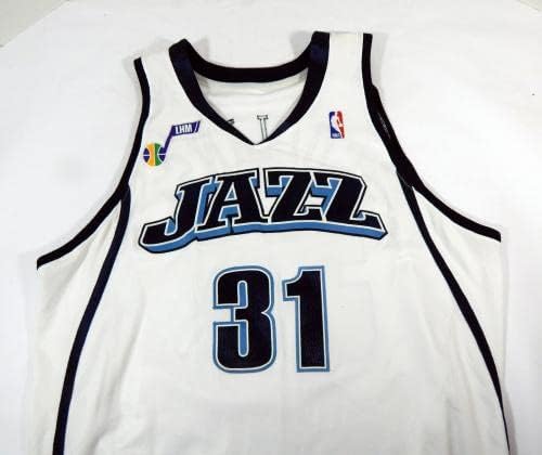 2006-07 Utah Jazz Jarron Collins 31 Játékban Használt Fehér Jersey LHM Patch 50 DP37378 - NBA Játék Használt