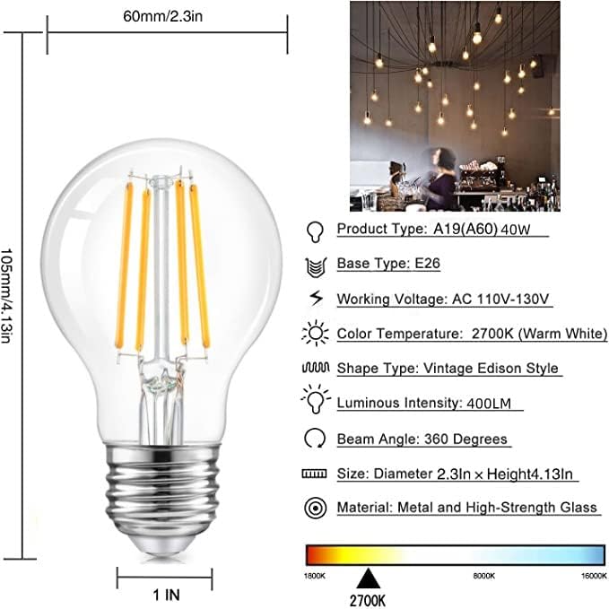 NOTOC LED Izzószálas Villanykörte 4W,40Watt Egyenértékű,Klasszikus Átlátszó Üveg,E26 LED Izzók,Meleg Fehér, 2700K, Nem Szabályozható,Csomag